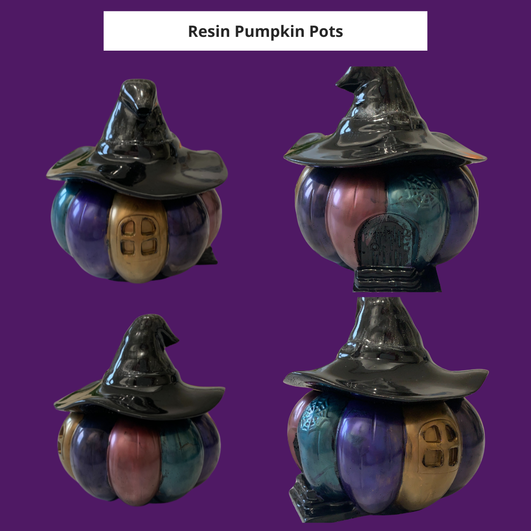 Multi coloured pumpkin pot with witch hat lid, black witch hat lid on a multi coloured pumpkin pot