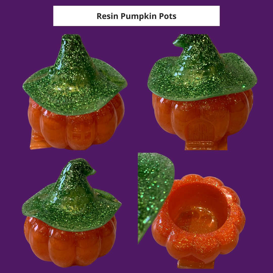 Orange pumpkin pot with witch hat lid, green sparkly lid and orange sparkly pot