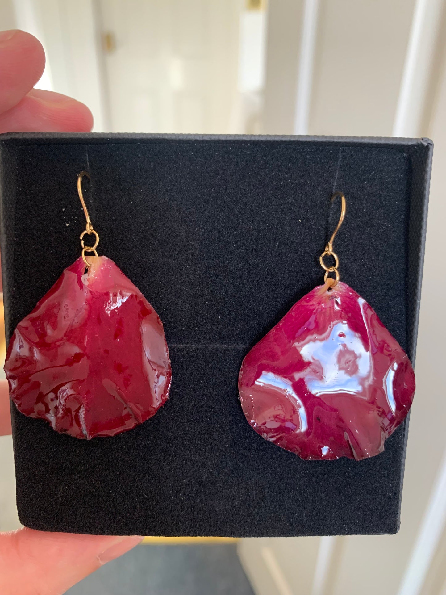 real red rose petals made into real rose petal earrings