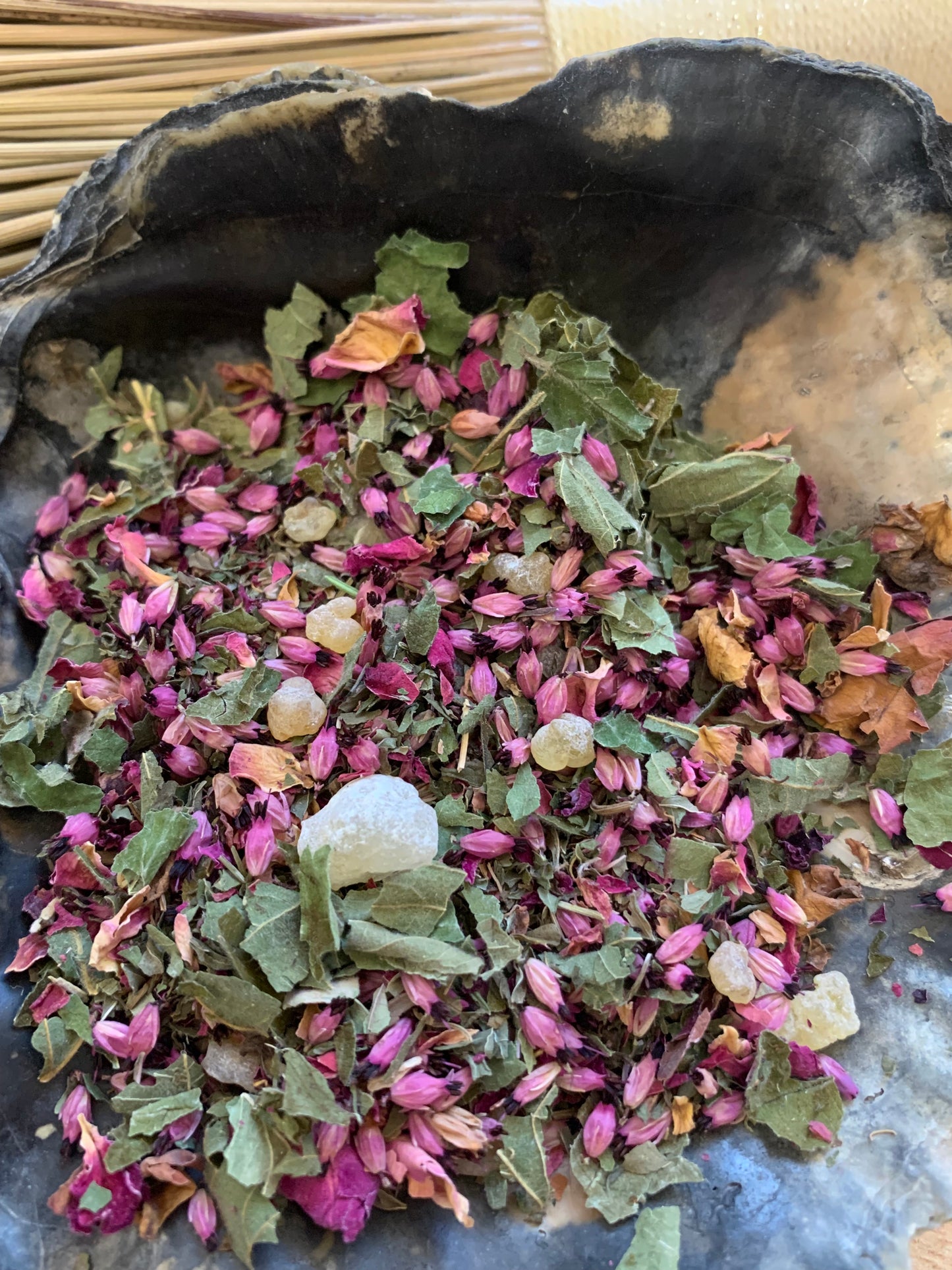 Oyster shell containing a blend of herbs and resins - Lammas loose incense