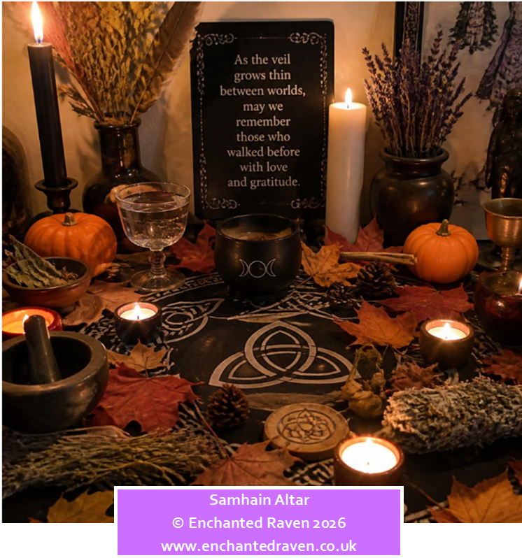 Samhain altar decorated with fallen leaves and season pumpkins