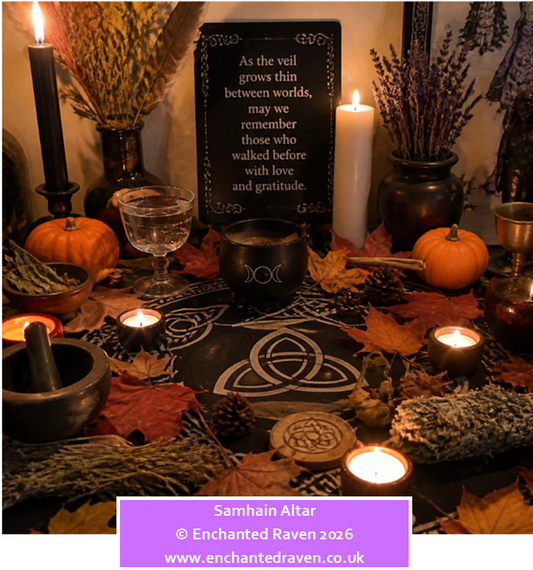 Samhain altar decorated with fallen leaves and season pumpkins
