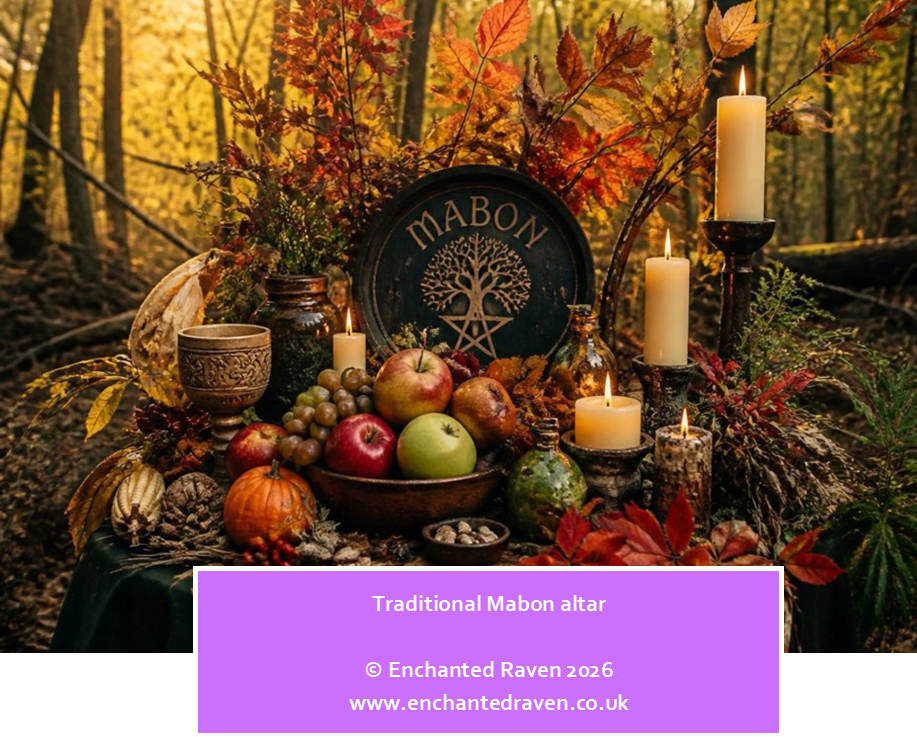 Traditional Mabon altar decorated with autumn leaves, pumpkins, fruit and candles celebrating the Autumn Equinox