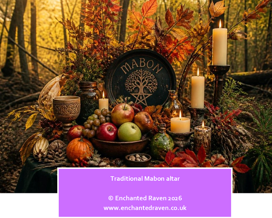 Traditional Mabon altar decorated with autumn leaves, pumpkins, fruit and candles celebrating the Autumn Equinox