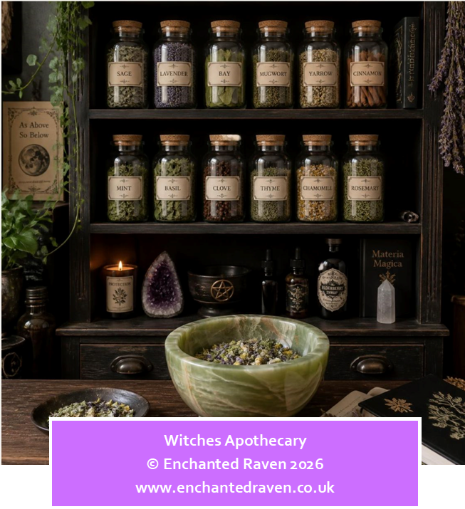Enchanted Raven collection of twelve magical herbs displayed in labelled glass jars
