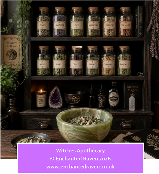 Enchanted Raven collection of twelve magical herbs displayed in labelled glass jars