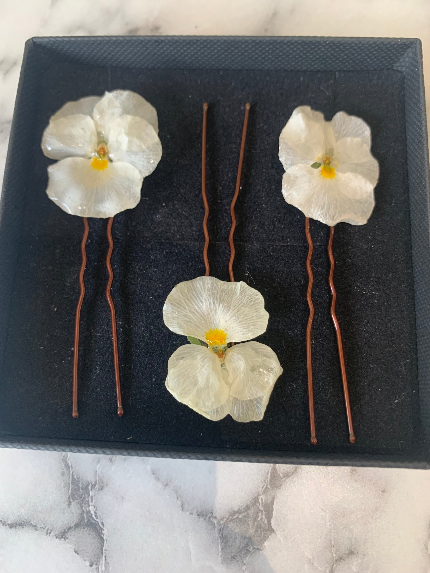 3 white pansy hair pins in a black jewellery box - real dried white pansy hair pins