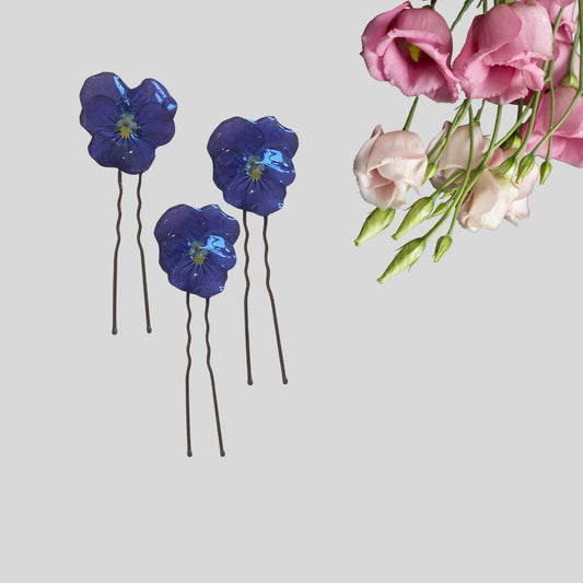 Deep Blue Pansy Hair Pins x 3