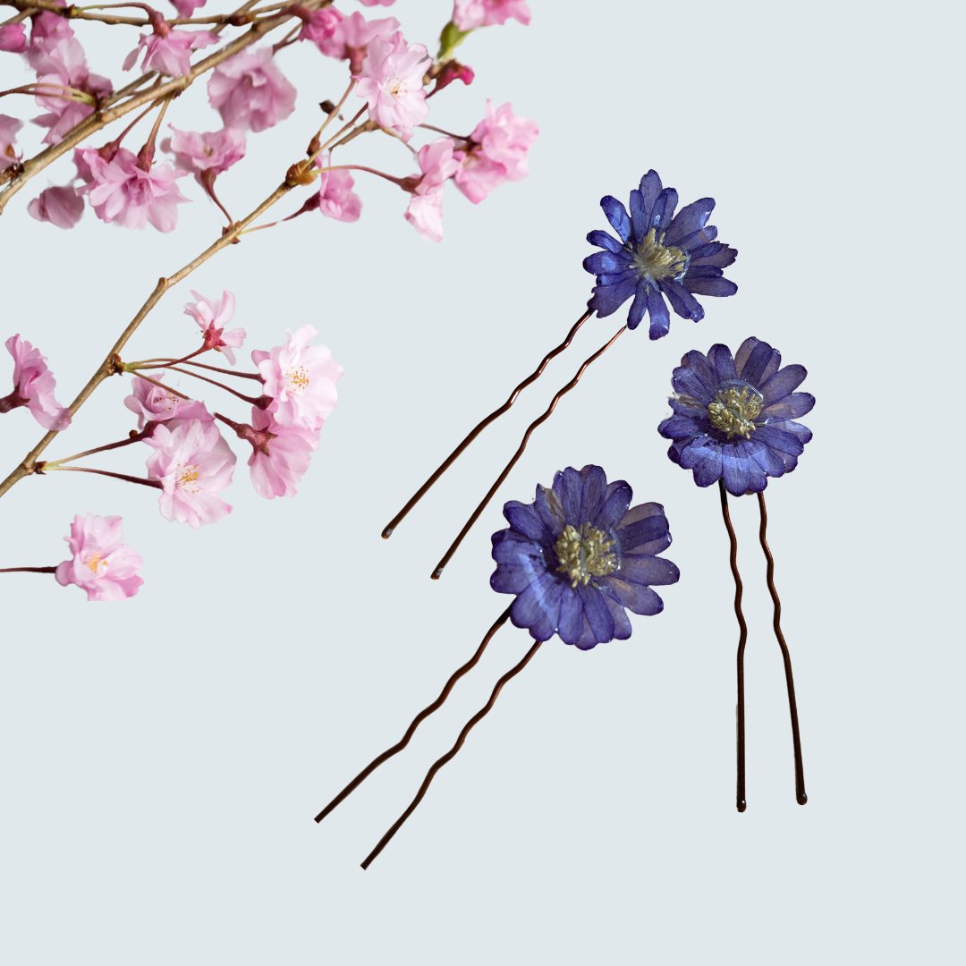 Blue Anemone Hair Pins x 3