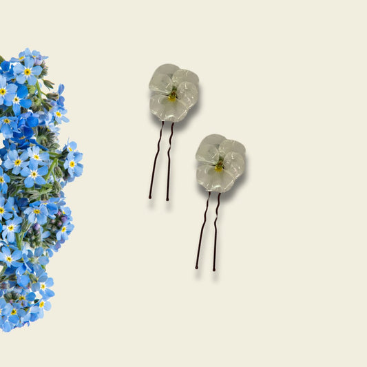 White Pansy Hair Pins x 3