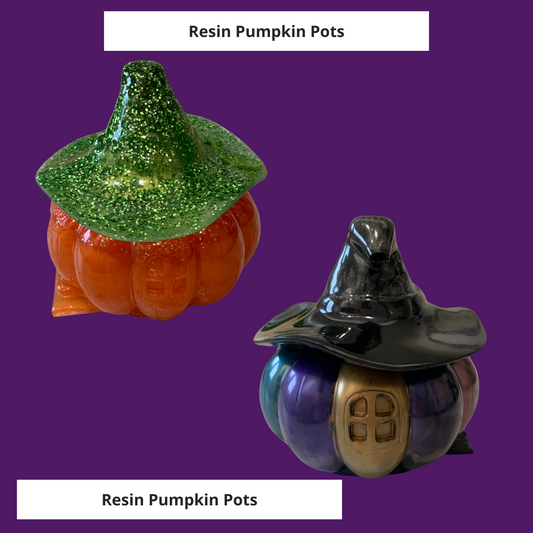 Pumpkin pot with witch hat lid, orange pumpkin with green hat lid, multi coloured pumpkin with black hat lid