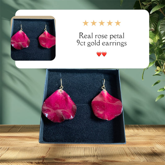 Rose petal earrings made from real red rose petals