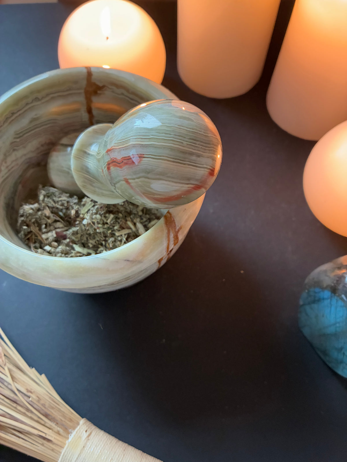 Green onyx mortar and pestle with dried mugwort